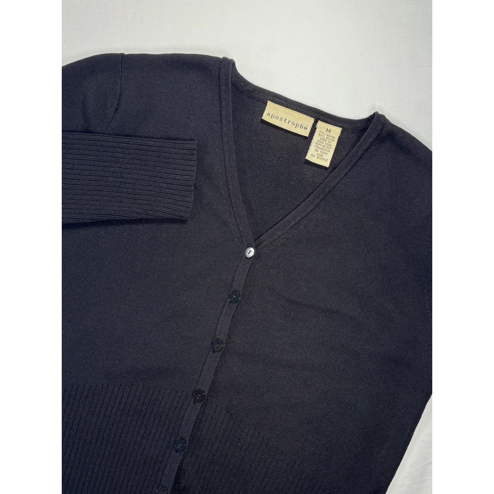 Apostrophe Womens Black V-Neck Cardigan Ribbed Knit Button Front Sweater Size M